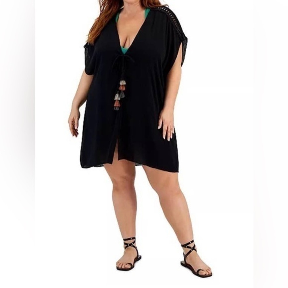 BECCA ETC Trendy Plus Size Globe Trotter Tasseled-Tie‎ Tunic Cover-Up